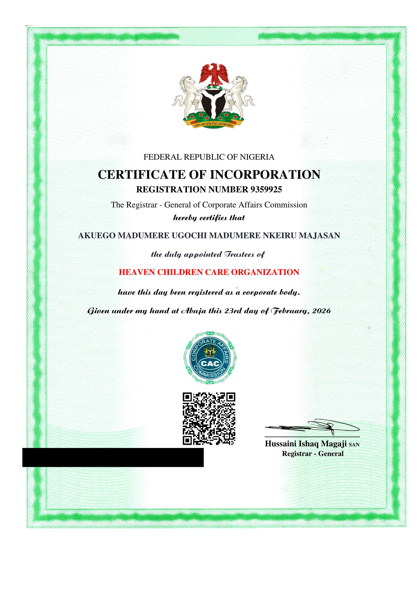HCCO's Certificate of Incorporation from Nigeria's Corporate Affairs Commission