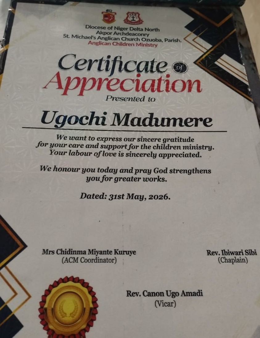 Certificate of Appreciation presented to Ugochi Madumere by St. Michael's Anglican Church, Ozuoba Parish