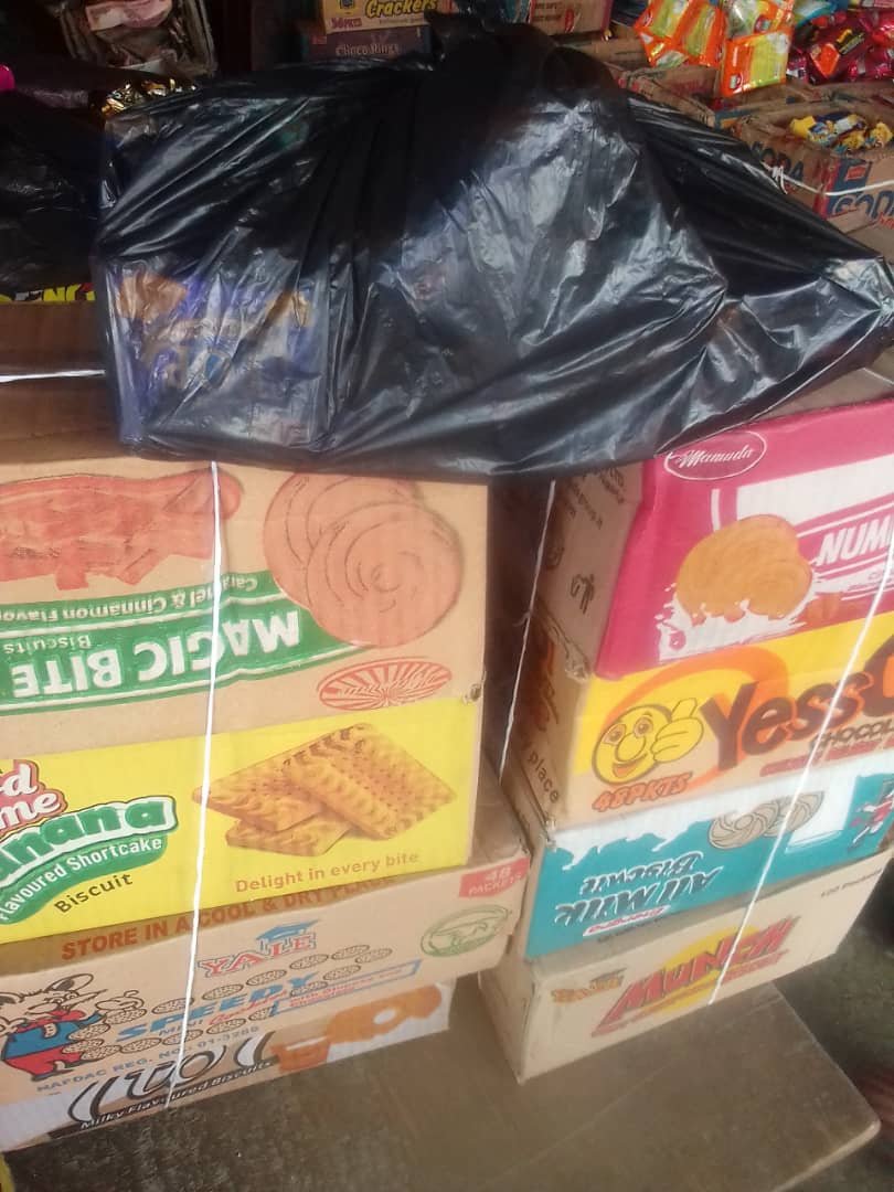 Boxes of biscuits packed for distribution